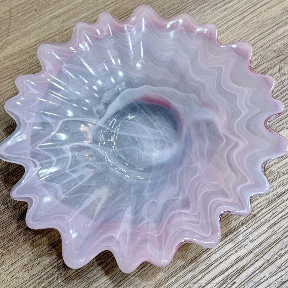 Vintage Italian Pink and White Swirled Art Glass Ruffled Scalloped Bowl